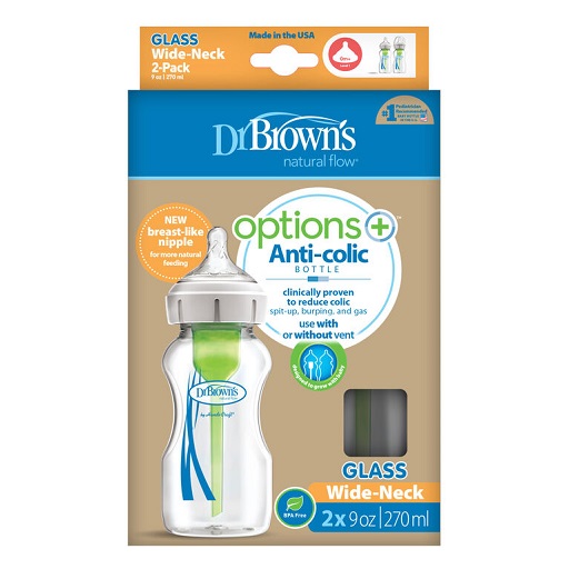 Dr. Brown's Options+ Wide-Neck Bottle, Glass, 2-Pack 9 oz/270 ml WB92700-P2