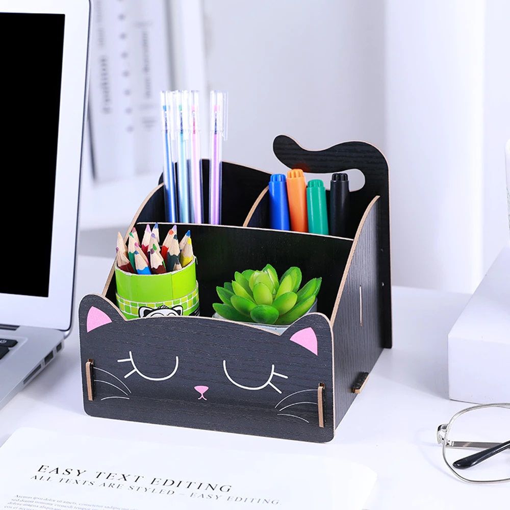 Cute Cat Pen Holder Multifunctional Storage Wooden pen Stationery ...