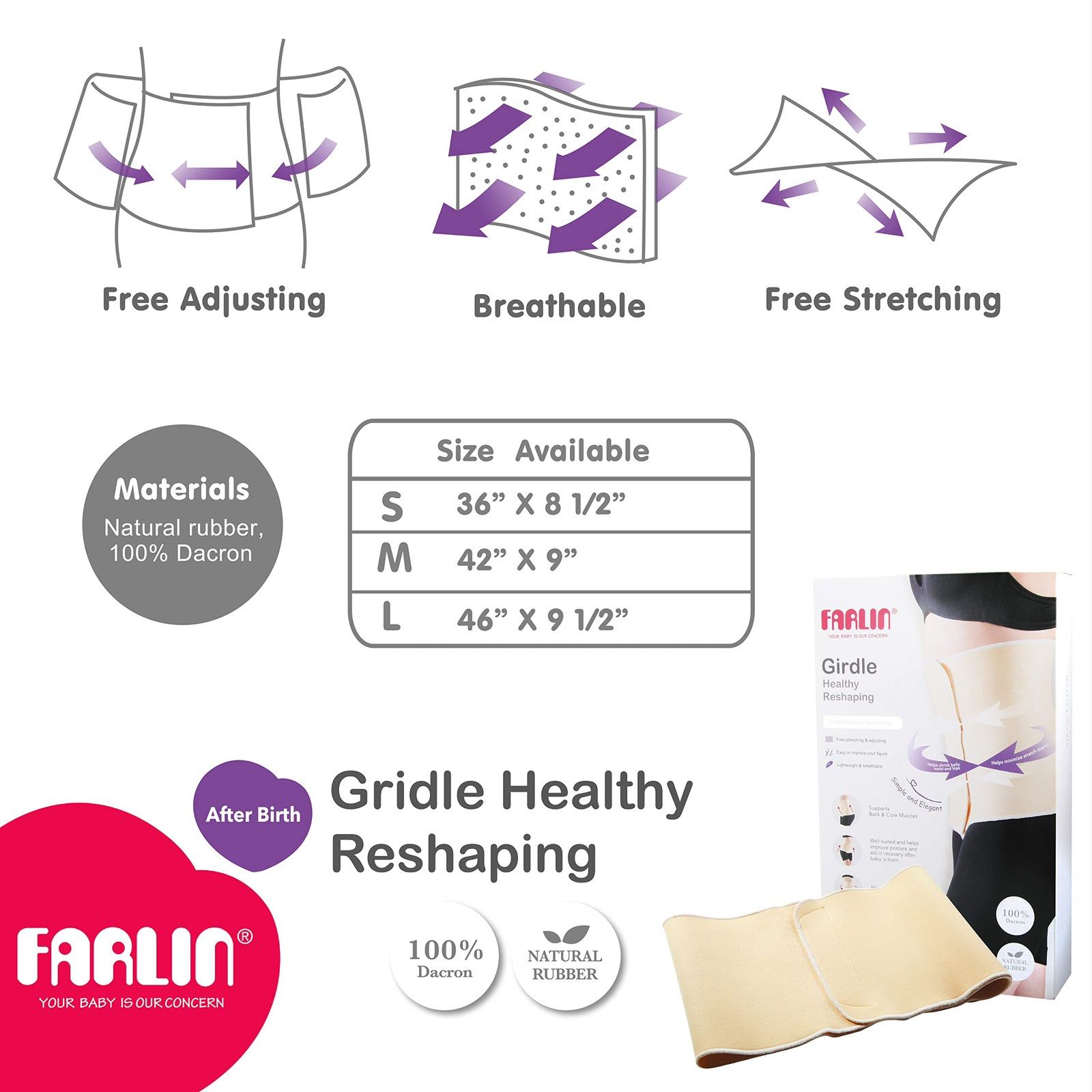 Farlin Breathable Postnatal Reshaping Abdominal After Birth Girdle Belt  (Small 36″ x 8.5″)