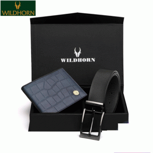 WildHorn Nepal 100% Genuine RFID Protected Men's Nappa Leather Wallet and Genuine Leather Formal Belt Giftset (BELTCOMBO2052BLUCROCO)