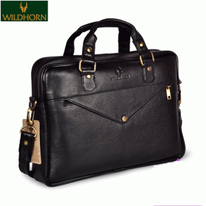 Wildhorn Nepal 100% Genuine Leather Black 14 inch Laptop Bag for Men with Trolley Strap Padded Laptop Compartment office leather bag (MB585 BLACK)