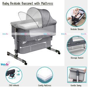 Baby Bedside Bassinet with Mattress Co-Sleeper, Height Adjustable, Cradle and Fixed Mode