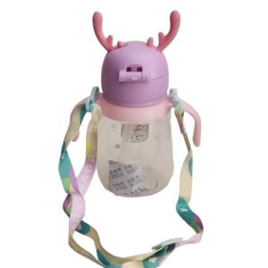 BPA Free Portable Antlers Straw Sipper School Water Bottle for Kids with Handle & Silicone Sleeve-400ml