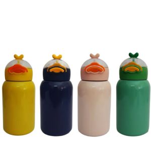 Double Wall Vacuum Insulated 304 Stainless Steel Portable Straw Sipper Thermos Bottle with Stickers for Kids- 400ml