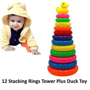 Montessori Rainbow Color 12 Stacking Rings Tower Plus Duck Toy for Kids
