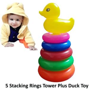 Montessori Rainbow Color 5 Stacking Rings Tower Plus Duck Toy for Kids for 18M+
