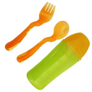 Cute Baby Easyheld Soft Grip Colorful Silicone Spoon & Fork Set for Feeding Kids with Box Packing - BPA Free