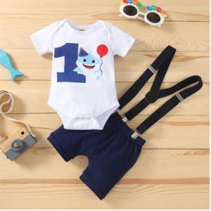 Baby Boy First Birthday Outfits Numbers Necktie Bodysuit+Overalls 2 Pcs Gentleman Baby Boys Birthday Clothes