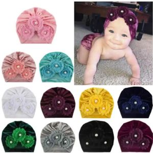 Multicolour Baby Turban Twist Knot Beanie Hat Pearl Flower 2 Pcs Set
