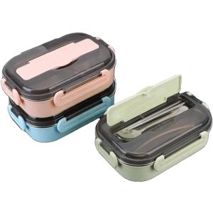 Portable Stainless Steel Leak Proof Microwave Freezer Safe 3 Compartment Food Containers Lunch Box with Spoon & Chopsticks for Kids & Adult