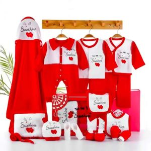 Red Colour New Born Baby Cotton 13 Pcs Clothing Set With Gift Box Packing