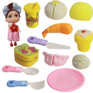 Set Of 13 Barbie Fast Food Kitchen Play Set Including Fish Fried, Momo, Juice, Ice-cream, Cake, Sweets, Knife, Plate, Spoon & Fork for Baby