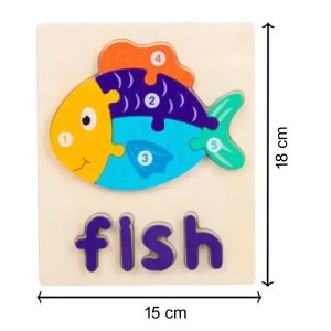Cute Baby Colorful Wooden Fish Shaped Puzzle, Numerical Number with Animal Name Early Learning & Education Toys 3D Jigsaw Montessori Puzzle for Kids