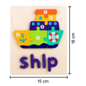 Cute Baby Colorful Wooden Ship Shaped Puzzle, Numerical Number with Animal Name Early Learning & Education Toys 3D Jigsaw Montessori Puzzle for Kids