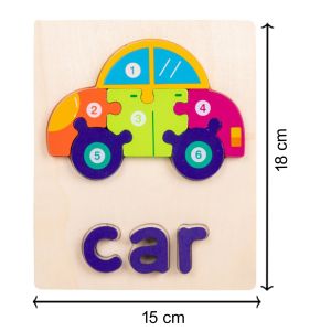 Cute Baby Colorful Wooden Car Shaped Puzzle, Numerical Number with Animal Name Early Learning & Education Toys 3D Jigsaw Montessori Puzzle for Kids