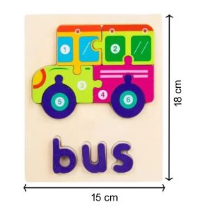 Cute Baby Colorful Wooden Bus Shaped Puzzle, Numerical Number with Animal Name Early Learning & Education Toys 3D Jigsaw Montessori Puzzle for Kids