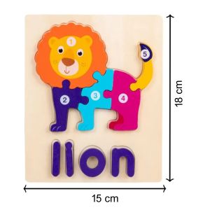 Cute Baby Colorful Wooden Lion Shaped Puzzle, Numerical Number with Animal Name Early Learning & Education Toys 3D Jigsaw Montessori Puzzle for Kids