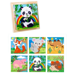 Cute Baby 6 In 1 Multi Puzzle Colorful Wooden Board, 16 Cubes with 6 Different Animal Patterns Jigsaw Puzzle Early Educational Toys for Kids