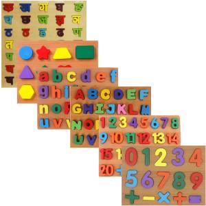 Wooden Educational Puzzle Combo Set (Nepali Varnamala, Numerical Numbers, Geometric Shapes, Upper & Lower-Case English Alphabets) Learning Toy Board
