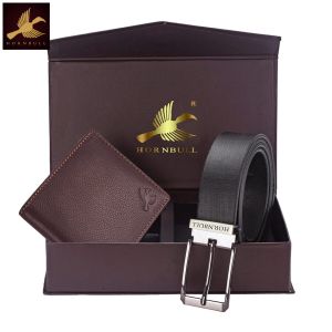 Hornbull Gift Set Combo for Men- Genuine Leather Brown Wallet & Black Belt