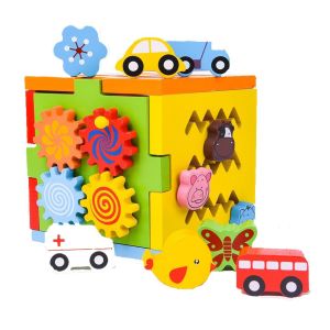 Cute Baby Colorful Wooden Cartoon Design Multifunctional Intelligence 3D Cube Box, Early Educational Montessori Toys for Toddlers Learning