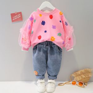 Flower printed sweatshirt and jeans pant set for kids