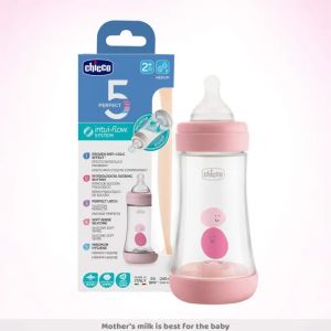 Chicco Perfect 5 240ml Bifunctional Feeding Bottle, Advanced Anti-Colic System, BPA Free, Hygienic Silicone Teat (Pink)2+
