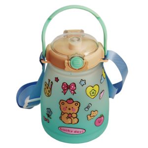 Cute Baby Leak Proof 1.1 Liter Big Belly BPA Free Fitness Bottle with Straw Handle Strap & Sticker for Outdoor Sports