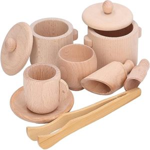 Cute Baby 8 Pieces Wooden Tea & Coffee Pretend Toy Kitchen Playset Including Pot, Plate, Tea Cup, Bowl, Bamboo Clip & Teaspoon for Kids