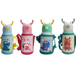 2 in 1 Cartoon Deer Antler Stainless Steel Double Wall Vacuum Insulated Straw Sipper Thermos Bottle for Baby & Toddlers with Sleeve
