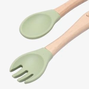 Peek-a-boo Wooden & Silicone Baby Feeding Fork & Spoon Set