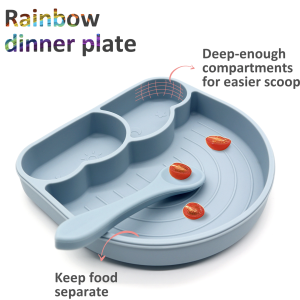 Peek-a-boo Sky Blue Color Silicone Baby Feeding Set 3pcs |Divided Plate Rainbow-Dawn, Spoon & Fork Set