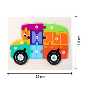 Cute Baby Colorful Wooden School Bus Shaped Puzzle, Numerical Number Early Learning & Education Toys 3D Jigsaw Montessori Puzzle for Kids