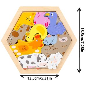 Cute Baby 10 Pieces Farm Animals Shapes 3D Wooden Stacking Puzzle, Early Learning & Education Cognition Toys Jigsaw Montessori Puzzle & for Kids