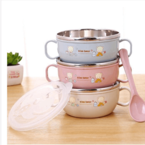 Cute Baby Double Wall Vacuum Insulated 304 Stainless Steel Thermal Insulation Training Feeding Bowl with Handles & Spoon