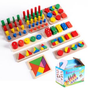 Cute Baby 9 In 1 Colorful Wooden Geometric Shape Montessori Teaching Materials, Early Education Cognition Stacking Toy for Toddler