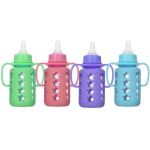 Mumlove 'B1376' Double Protection Unbreakable 120ml Glass Body Feeding Bottle with Nipple Handle & Silicon Cover for 0 Months + Baby
