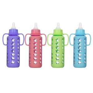 Mumlove 'B1378' Double Protection Unbreakable 250ml Glass Body Feeding Bottle with Nipple Handle & Silicon Cover for 3 Months + Baby