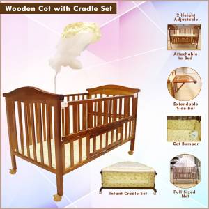 Kidzco Wooden Cot with Infant Cradle Set, Attachable to Bed, 2 Sleeping Height, Full Drop Net