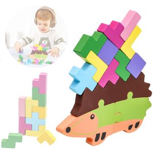 Cute Baby Montessori Colorful Wooden Rainbow Balance 2 In 1 Hedgehog Stacking Toys