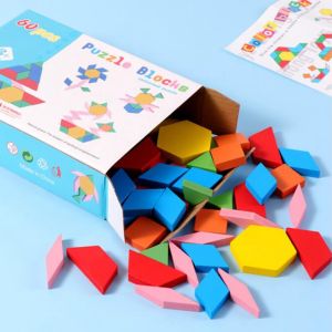 Colorful Wooden 60 Pieces Geometric Shape Cubes Puzzle Block, Early Learning & Education Skills Development Cognition Toy Montessori Puzzle for Baby