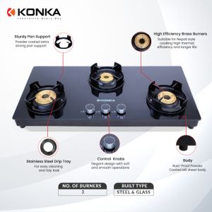 Konka 3 Burner Non Automatic Glass Top Premium Gas Stove KGRAND