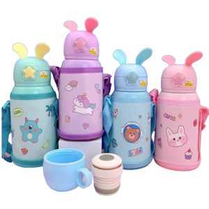 2 In 1 Stainless Steel Rabbit Ear Design Portable Straw Sipper Thermos Bottle With Cover & Sleeve For Baby