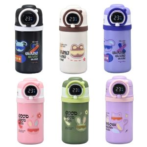 Cartoon Design Intelligent Temperature Indicating Stainless Steel Straw Sipper Thermos Bottle 550ml