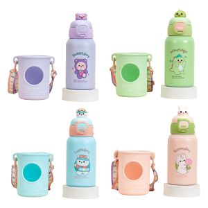 Stainless Steel Cute Cartoon Animals Straw Sipper Thermos Bottle With Soft Silicone Cover 500ml