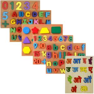 6 In 1 Wooden Puzzle Combo Set Nepali Varnamala Vowel & Consonants Letter English Capital & Small Letter numerical & Counting Number & Different Geometrical Shape Learning Board For Baby