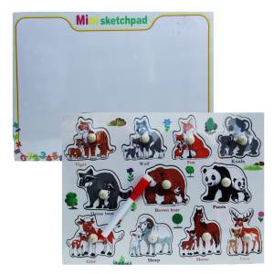 2-in-1 Colorful Wooden Animal Pegged Puzzle with Hand Grasp Knobs + Mini White Board & Marker