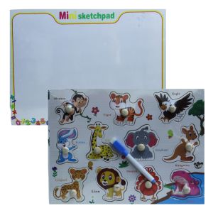 2-in-1 Colorful Wooden Wild Animal Pegged Puzzle with Hand Grasp Knobs + Mini White Board & Marker