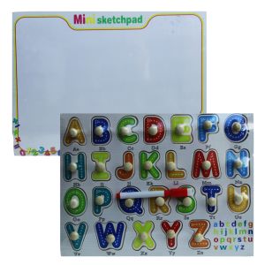 2-in-1 Colorful Wooden Capital English Alphabet Pegged Puzzle with Hand Grasp Knobs + Mini White Board & Marker