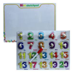 2-in-1 Colorful Wooden Counting Number (1-20) Pegged Puzzle with Hand Grasp Knobs + Mini White Board & Marker